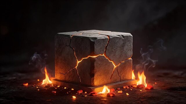 Cracked stone cube with glowing fissures