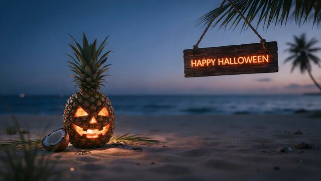 Tropical halloween concept with a carved pineapple jackolantern on a sandy beach at sunset with a glowing happy halloween wooden sign hanging above