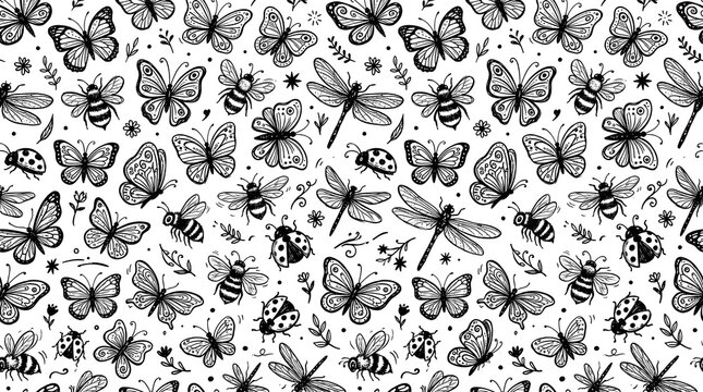 Seamless pattern featuring hand drawn black and white butterflies and dragonflies on a textured white paper background