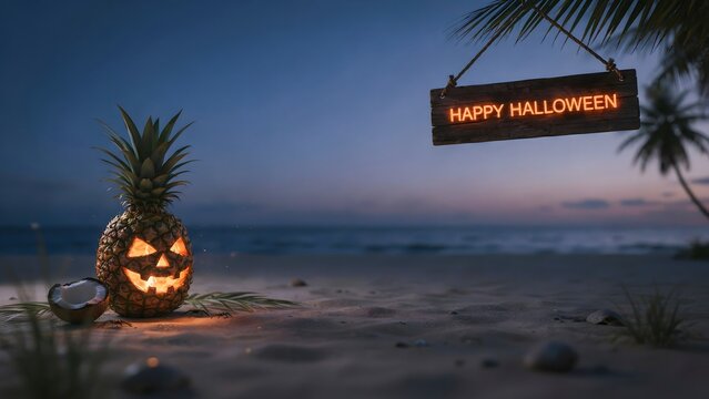 A glowing pineapple jackolantern sits on a sandy tropical beach at dusk with a hanging wooden sign that reads happy halloween in neon orange letters