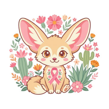 Cute Fennec Fox with Pink Ribbon Isolated on Transparent Background