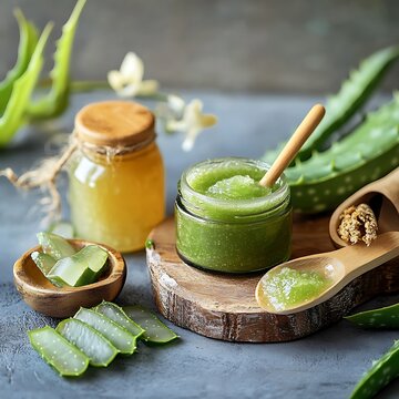 Homemade aloe vera and honey body scrub in glass jar on wooden board.