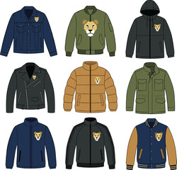 Modern Jacket Collection with Bomber, Hoodie, Puffer, Denim, Varsity, Leather, and Utility Outerwear Fashion Vector Illustration Set © Priyanka