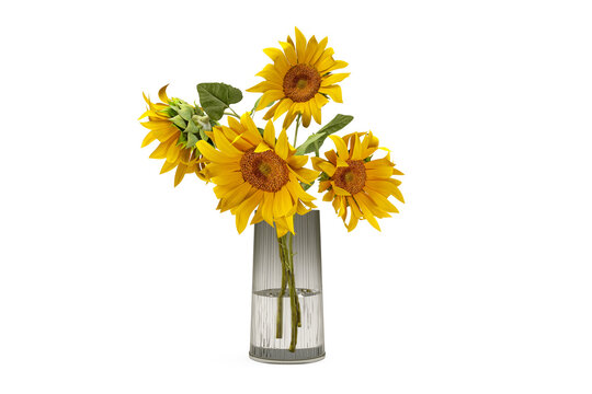 Yellow sunflowers bouquet in glass vase isolated on white background.
