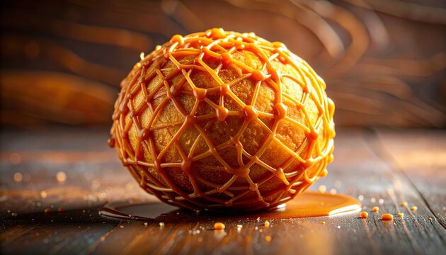 Delicious Caramel Sphere - A Sweet Treat on a Rustic Wooden Surface.