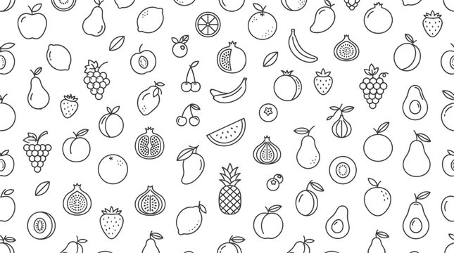 Minimalist seamless fruit pattern background with outline vector icons on white