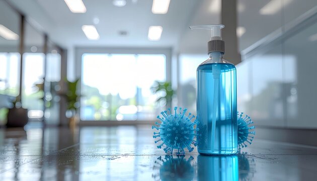 Hand sanitizer and virus models in a bright office setting.