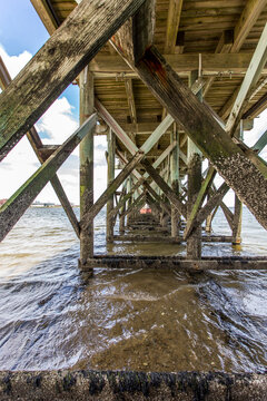The underside of a pier or jetty on the coastline, wooden beams and pillars on the seabed.
