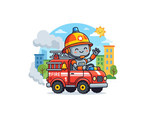 Fototapeta premium Cute robot firefighter drives red truck cartoon illustration