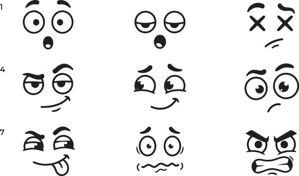 Funny cartoon eye and facial expression vector icon set featuring shocked, sleepy, dead, smirking, and angry reactions