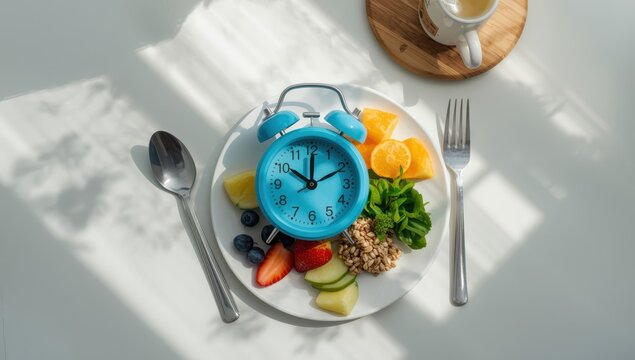 top view of blue alarm clock illustrating intermittent fasting idea