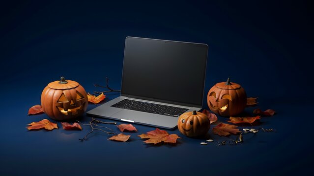 Laptop with blank screen surrounded by halloween pumpkins and autumn leaves on a dark blue background