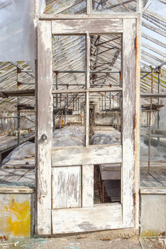 A derelict greenhouse with broken door and missing glass, the property demolished in 2015.