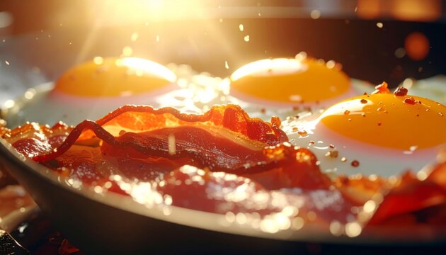 Delicious breakfast with crispy bacon and sunny-side-up eggs in a pan.