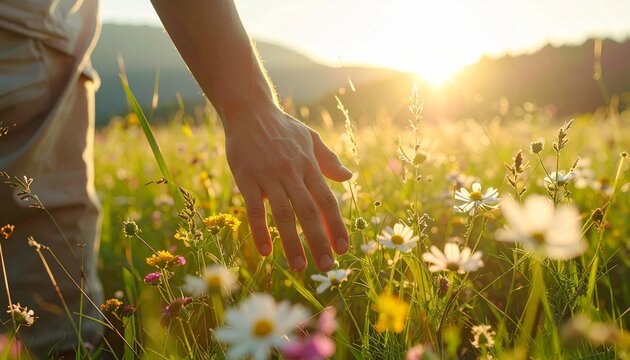 Gentle Touch - Hand Caressing Wildflowers in a Sunny Meadow.