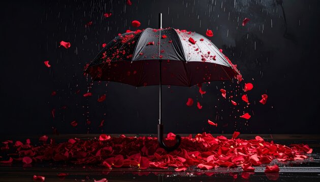 Umbrella in a shower of rose petals against a dark backdrop.