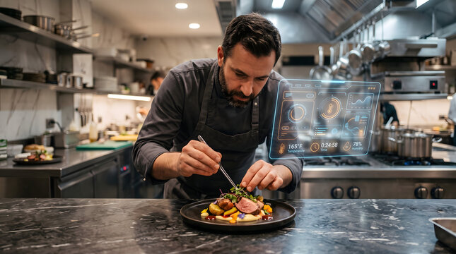 Executive chef plating gourmet fine dining dish with augmented reality cooking dashboard, smart kitchen technology, digital culinary innovation and professional restaurant concept