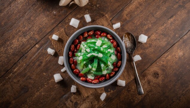 Top view of cendol on a table