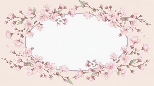 Delicate pink cherry blossoms create floral frame around empty oval, enhancing serene elegance