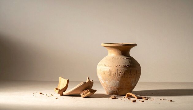Clay pot with broken pottery fragments ancient craftsmanship