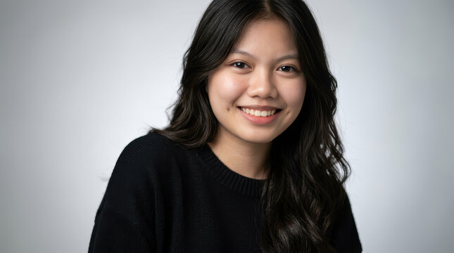 Smiling young asian woman with dimples in a black sweater