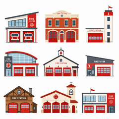 Fototapeta premium Vector illustration set of various fire station building designs on white background.