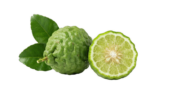Fresh whole and sliced bergamot citrus fruit with green leaves isolated on transparent background