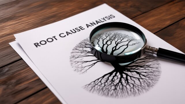 Root cause analysis document with magnifying glass and tree symbol on wooden desk