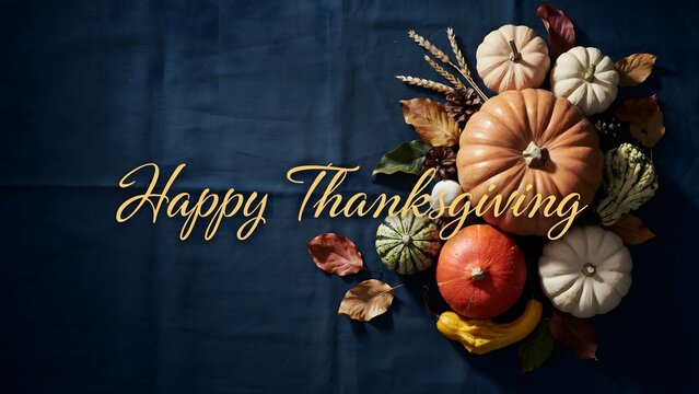 Happy thanksgiving greeting card with pumpkins, gourds, and autumn leaves on a dark blue textured background