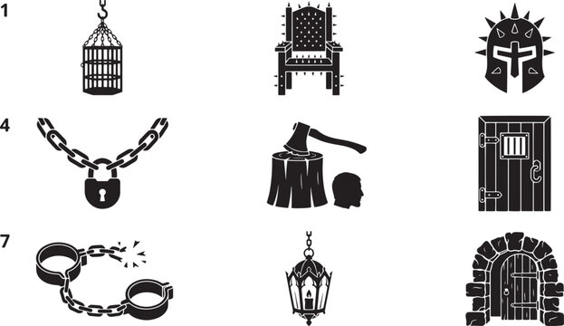Dark medieval dungeon and torture vector icon set featuring iron cage, spiked throne, executioner block, and broken shackles