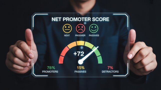 Person holding digital net promoter score interface with customer satisfaction metrics