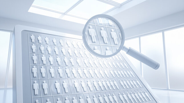 Floating magnifying glass hovering over digital screen displaying large organized grid containing multiple white human figures inside bright modern empty room