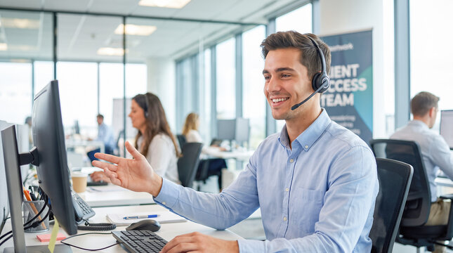 Cheerful young male customer service representative wearing black headset speaking toward computer monitor while gesturing during busy open office shift