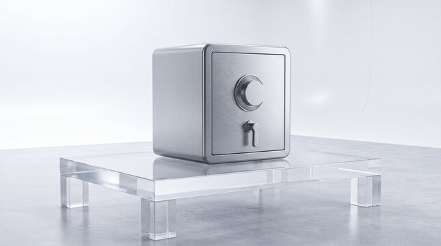 Closed metallic silver steel square safe box sitting atop transparent acrylic display table against plain white background depicting financial security money protection
