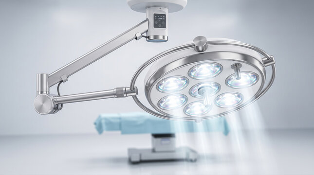 Large shiny metallic surgical ceiling lamp glowing brightly above empty operating table inside clean modern hospital surgery department room interior