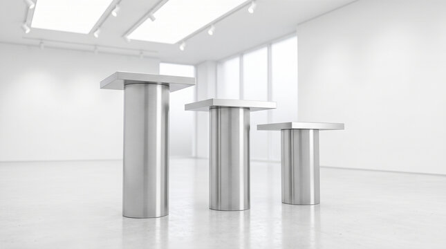 Three blank silver metallic display pedestals standing inside bright empty contemporary art gallery room waiting for commercial product presentation exhibition mockup