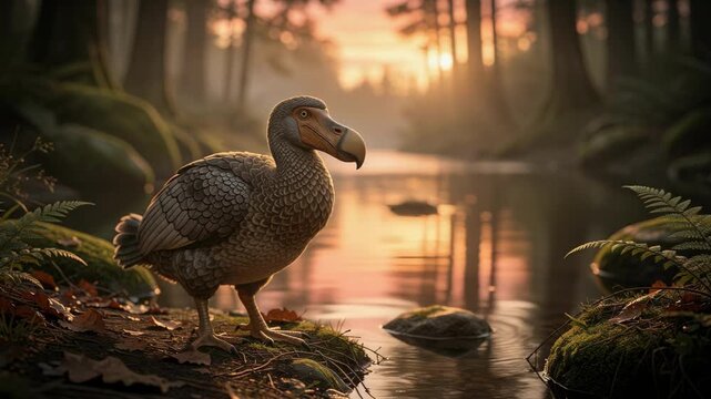Dodo Bird by Serene Forest Stream at Sunset, Embraced by Soft Golden Light in Natures Beauty