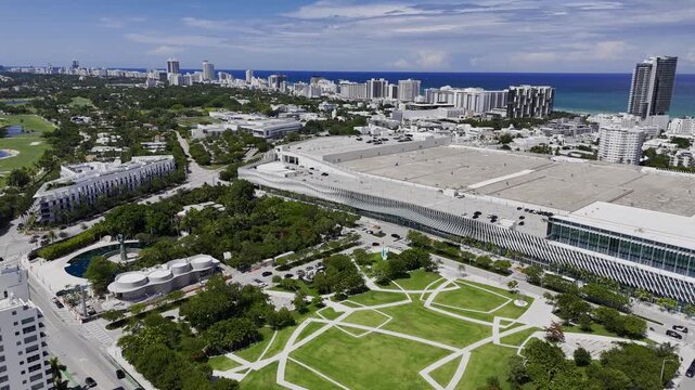 Aerial panorama of Miami Beach skyline, convention center, botanical garden, and Atlantic Ocean on a sunny day, Florida, USA. g.