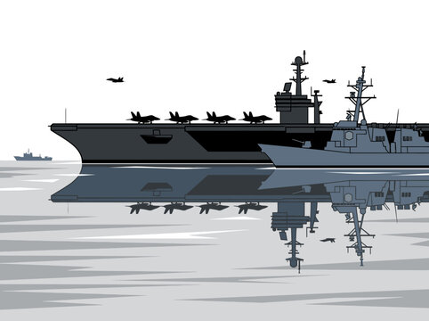 Naval Aircraft Carrier Fleet Illustration with Destroyer and Fighter Jets