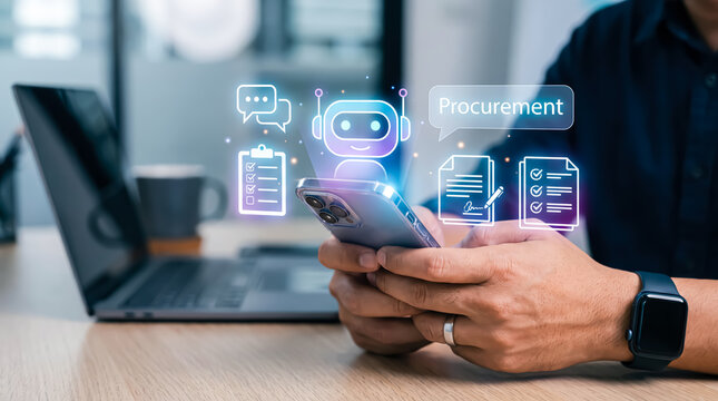 Businessman using smartphone with digital ai chatbot interface for procurement and supply chain management automation