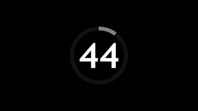 Countdown numbers animating with circular progress bars on black background for time lapse or progress tracking