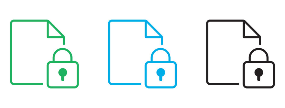 Secure document line icons with padlock, encrypted file protection symbols in green blue and black, data privacy and cyber security vector set