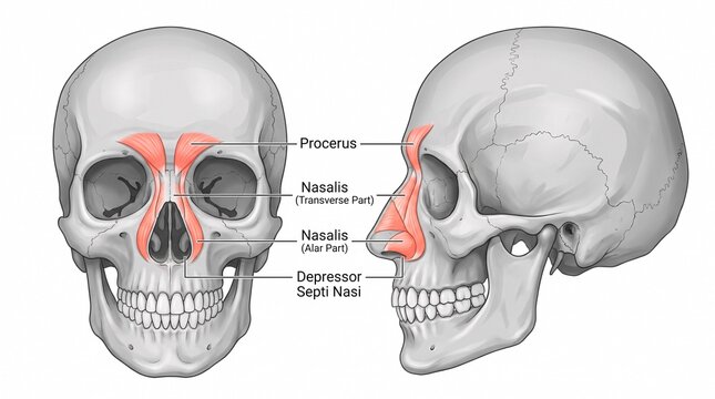 Human skull anatomy showing nasal and brow muscles front and profile