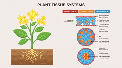 Fototapeta premium Educational diagram of plant tissue systems in leaf stem and root