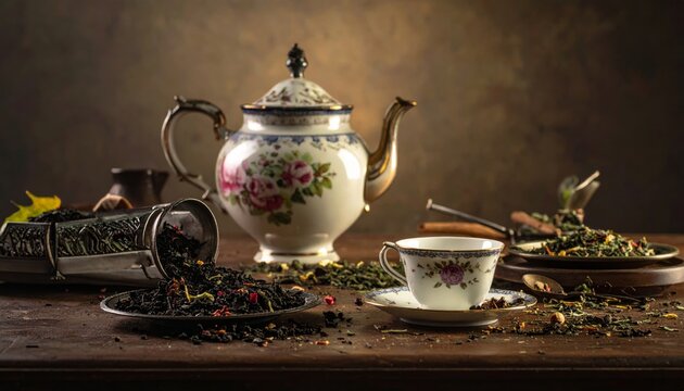 Elegant Tea Still Life with Teapot and Cup.