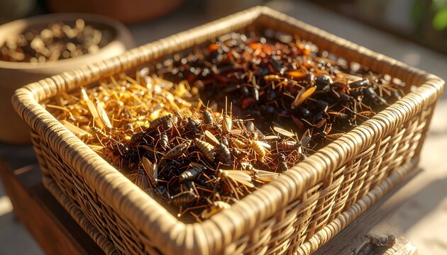 Basket of dried herbs and spices for culinary use.