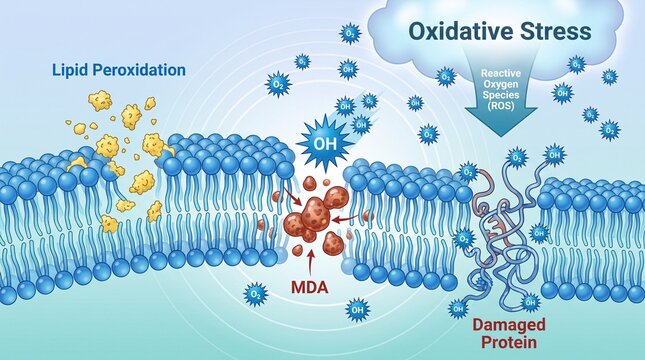 Oxidative stress and lipid peroxidation diagram in cell membrane