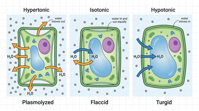 Plant cell osmosis process in hypertonic isotonic and hypotonic states