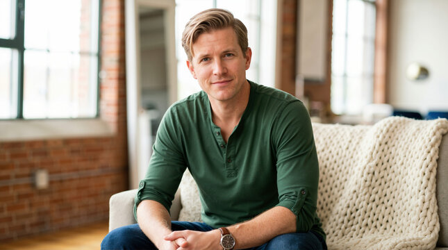 Handsome man in a green henley shirt sitting on a sofa. Casual portrait of a young male in a modern loft apartment living room