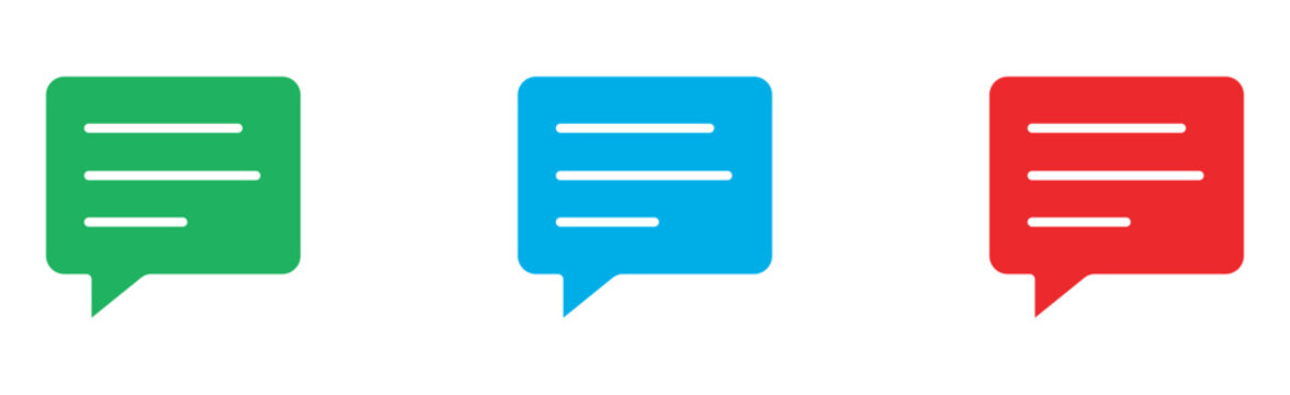 Minimalist speech bubble icons in green, blue, and red colors. Flat vector chat message symbols for communication. Set of 3 digital talk notification elements.